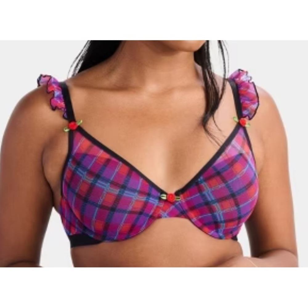 Parade Women's Plaid Silky Mesh Flutter Stap T-Shirt Bra - Magenta/Blue M+